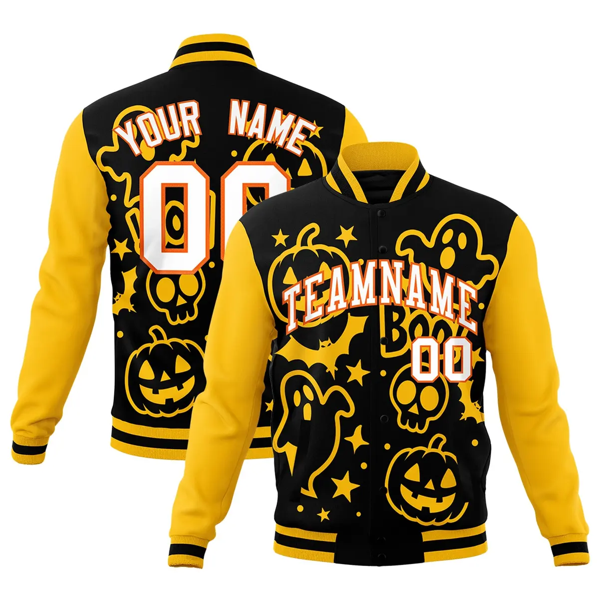 Gold Black White Halloween Bats Pumpkins Ghost Letterman Jacket