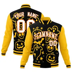 Gold Black White Halloween Bats Pumpkins Ghost Letterman Jacket