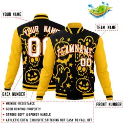 Gold Black White Halloween Bats Pumpkins Ghost Letterman Jacket 2