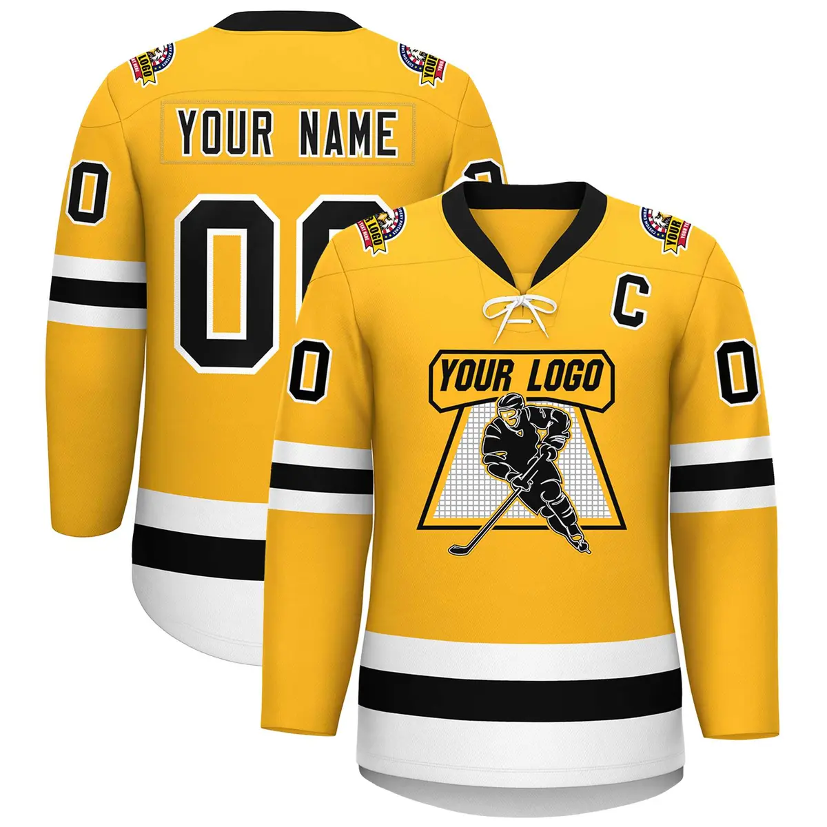 Gold Black-White Lace-Up Neck Hockey Jersey