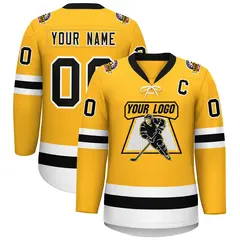 Gold Black-White Lace-Up Neck Hockey Jersey