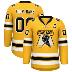 Gold Black-White Lace-Up Neck Hockey Jersey