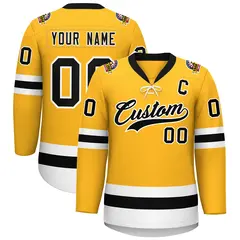 Gold Black-White Lace-Up Neck Hockey Jersey