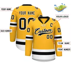 Gold Black-White Lace-Up Neck Hockey Jersey 2