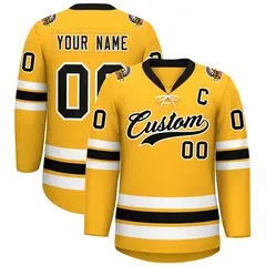 Gold Black-White Lace-Up Neck Hockey Jersey