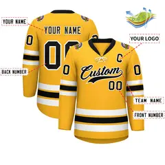 Gold Black-White Lace-Up Neck Hockey Jersey 2