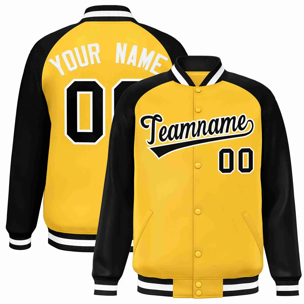 Gold Black-White Raglan Varsity Letterman Full-Snap Jacket