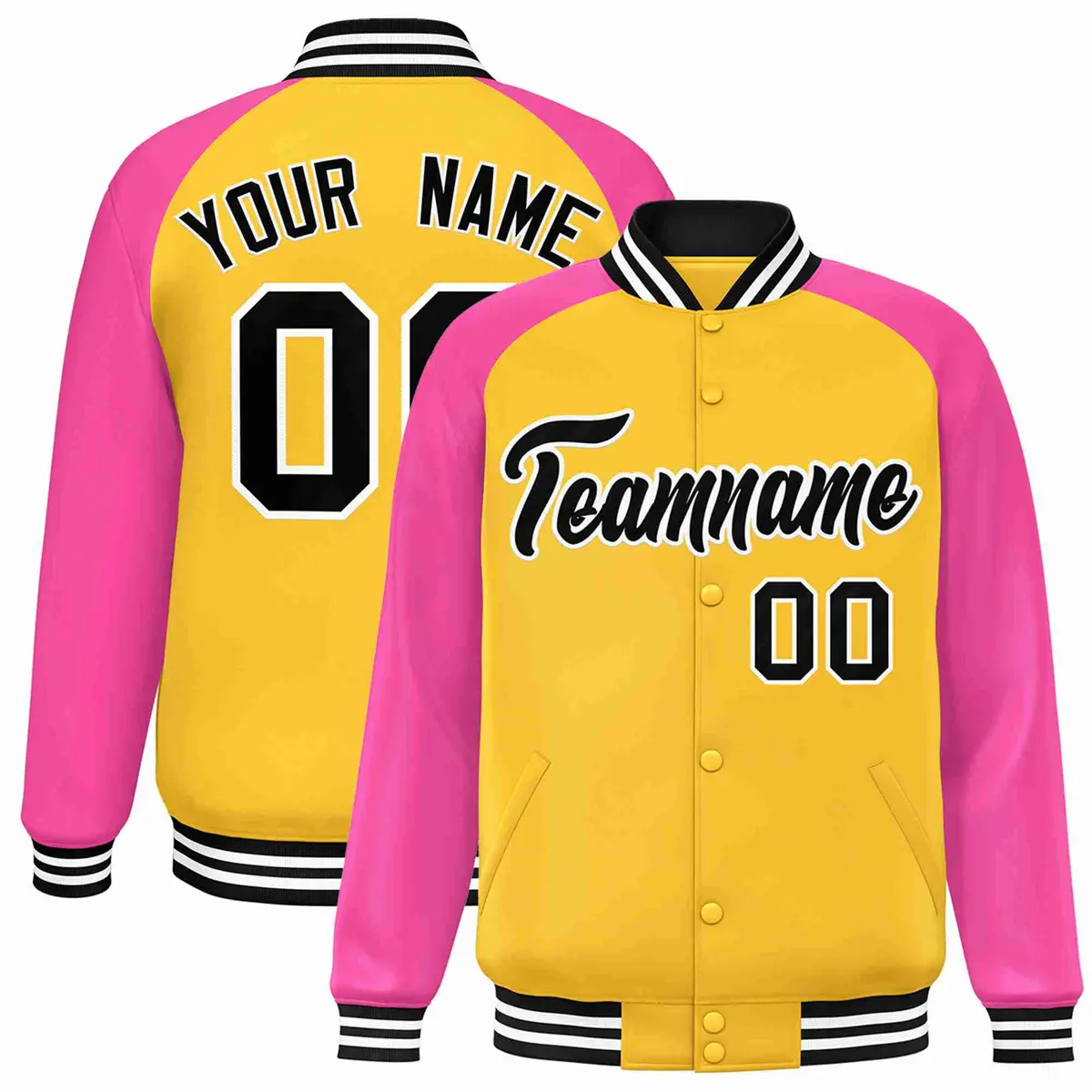 Gold Black-White Raglan Varsity Letterman Full-Snap Jacket