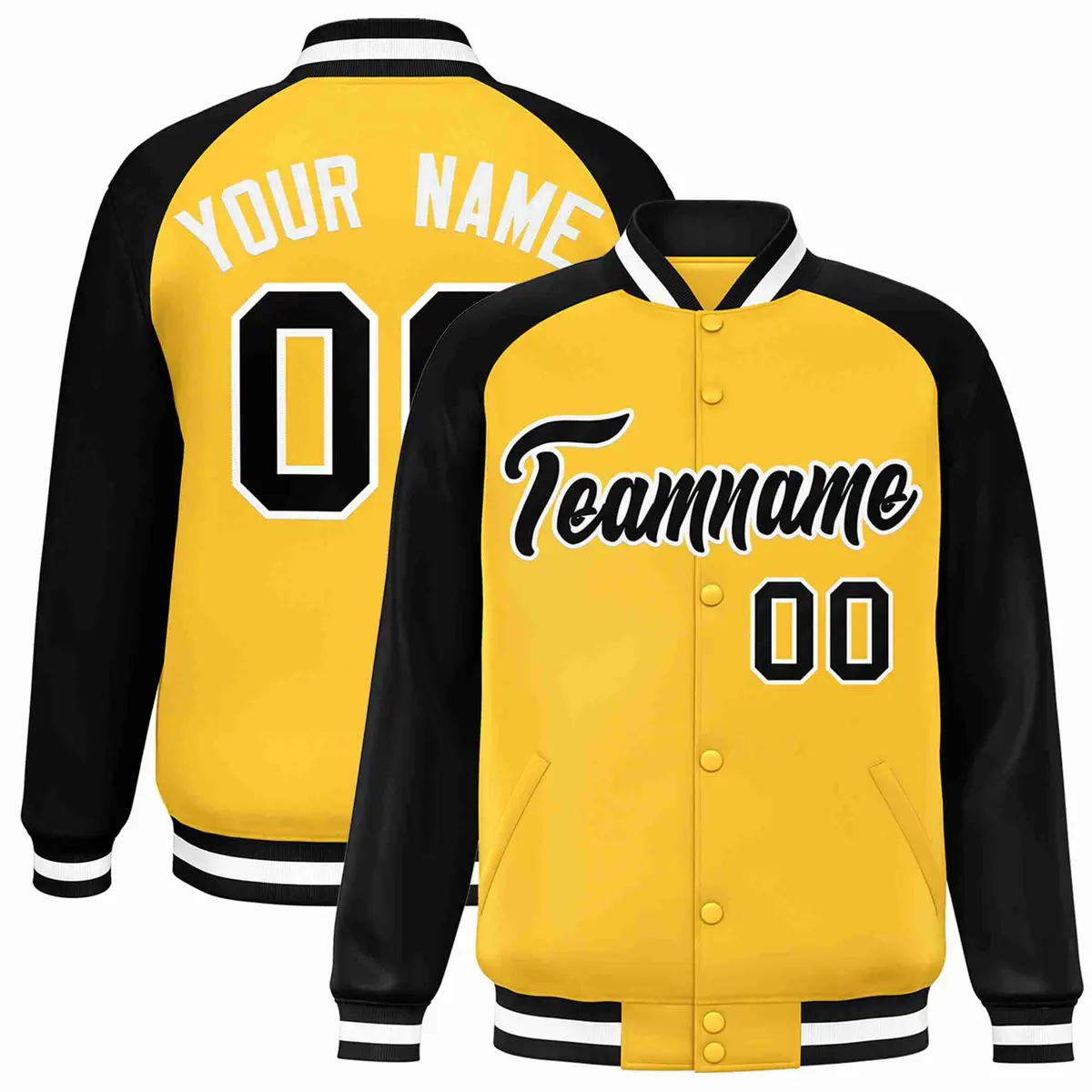 Gold Black-White Raglan Varsity Letterman Full-Snap Jacket