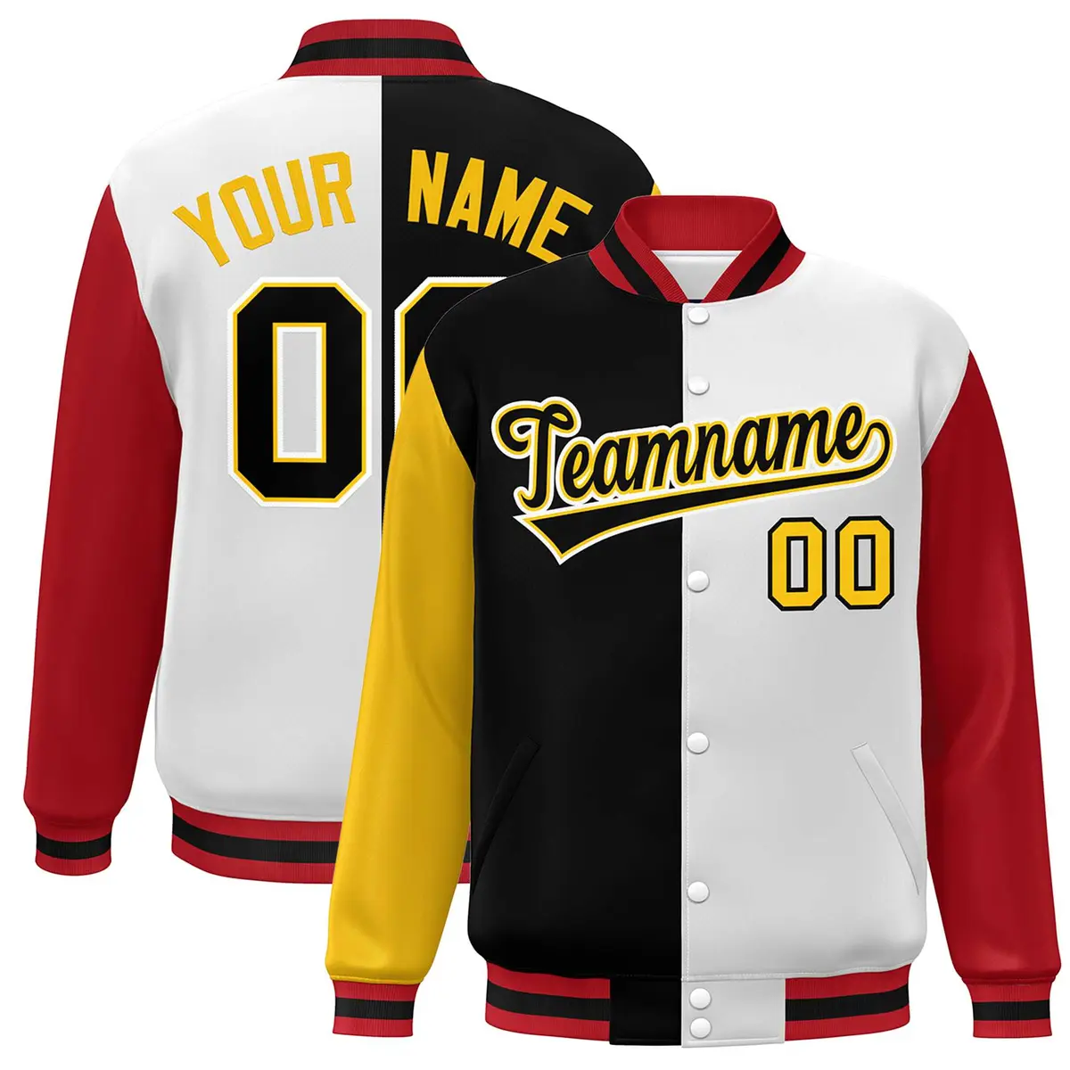 Gold Black White-Red Color Block Varsity Baseball Bomber Jacket