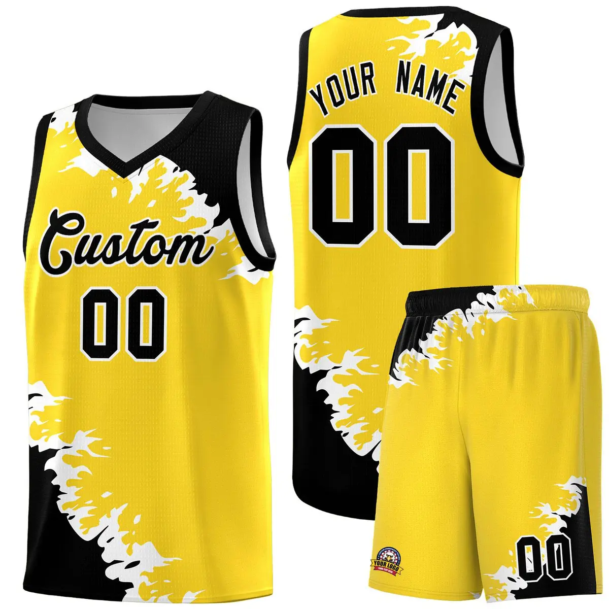 Gold Black-White Sparkle Print Basketball Kits