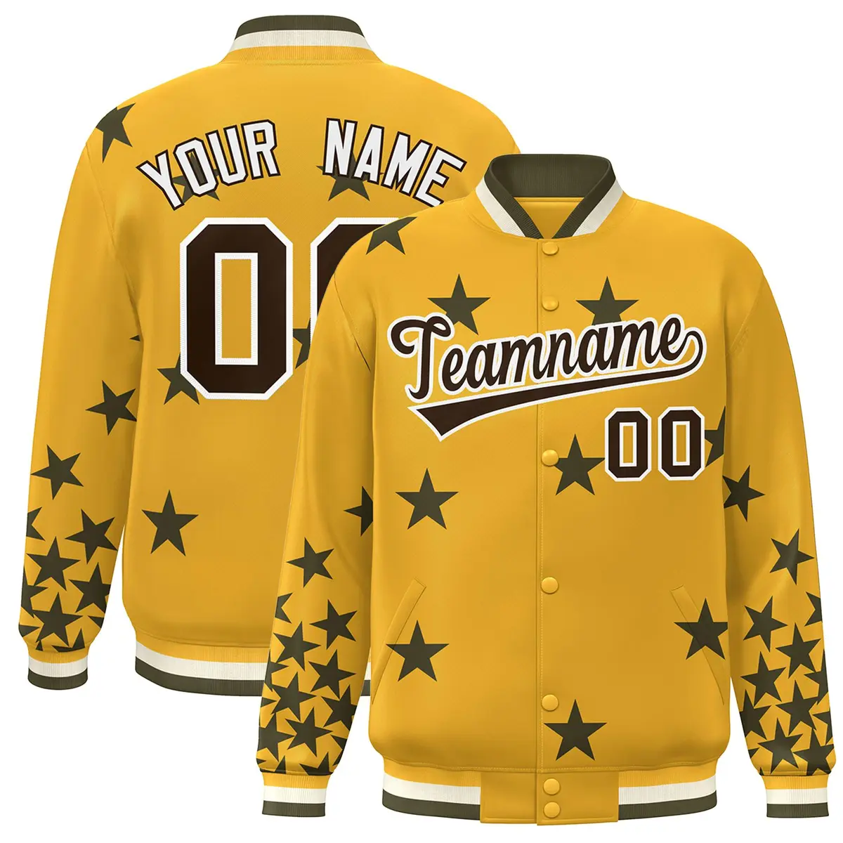 Gold Black-White Star Graffiti Varsity Full-Snap Bomber Jacket