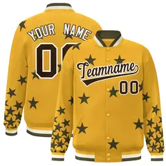 Gold Black-White Star Graffiti Varsity Full-Snap Bomber Jacket