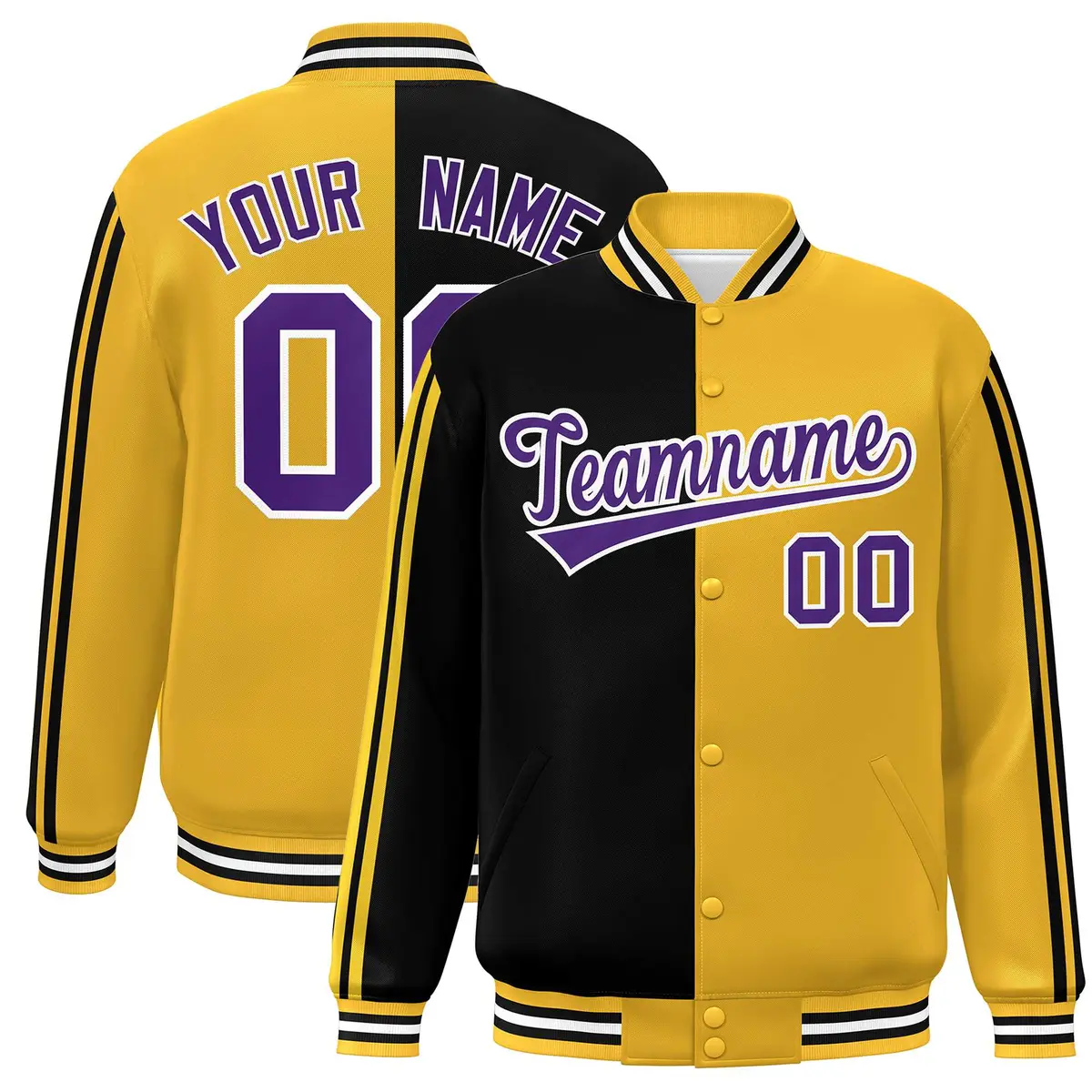 Gold Black-White Two Tone Color Block Varsity Baseball Bomber Jacket