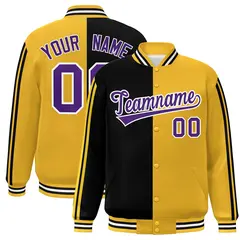 Gold Black-White Two Tone Color Block Varsity Baseball Bomber Jacket