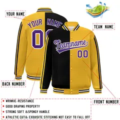 Gold Black-White Two Tone Color Block Varsity Baseball Bomber Jacket 2