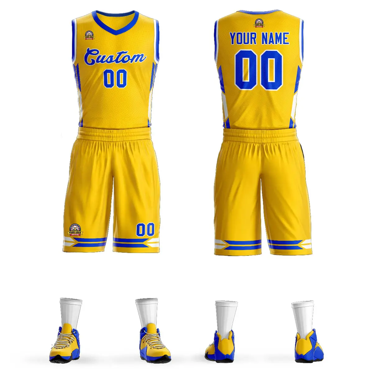 Gold Blue Classic Mesh Basketball Jersey