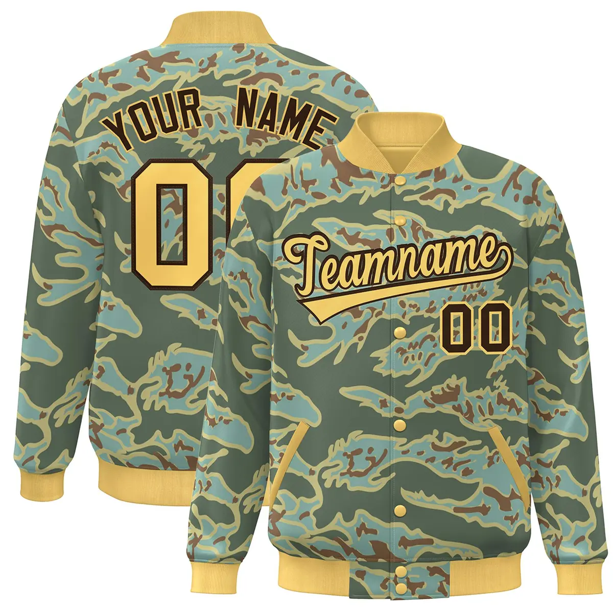 Gold Brown Camo Full-Snap Varsity Letterman Bomber Jacket