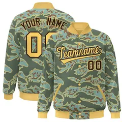 Gold Brown Camo Full-Snap Varsity Letterman Bomber Jacket