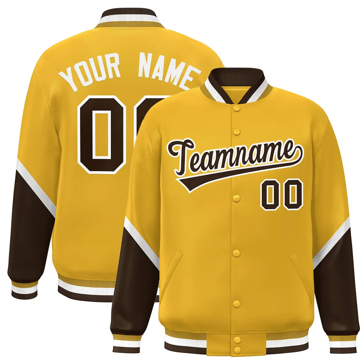 Gold Brown Color Block Varsity Letterman Baseball Jacket