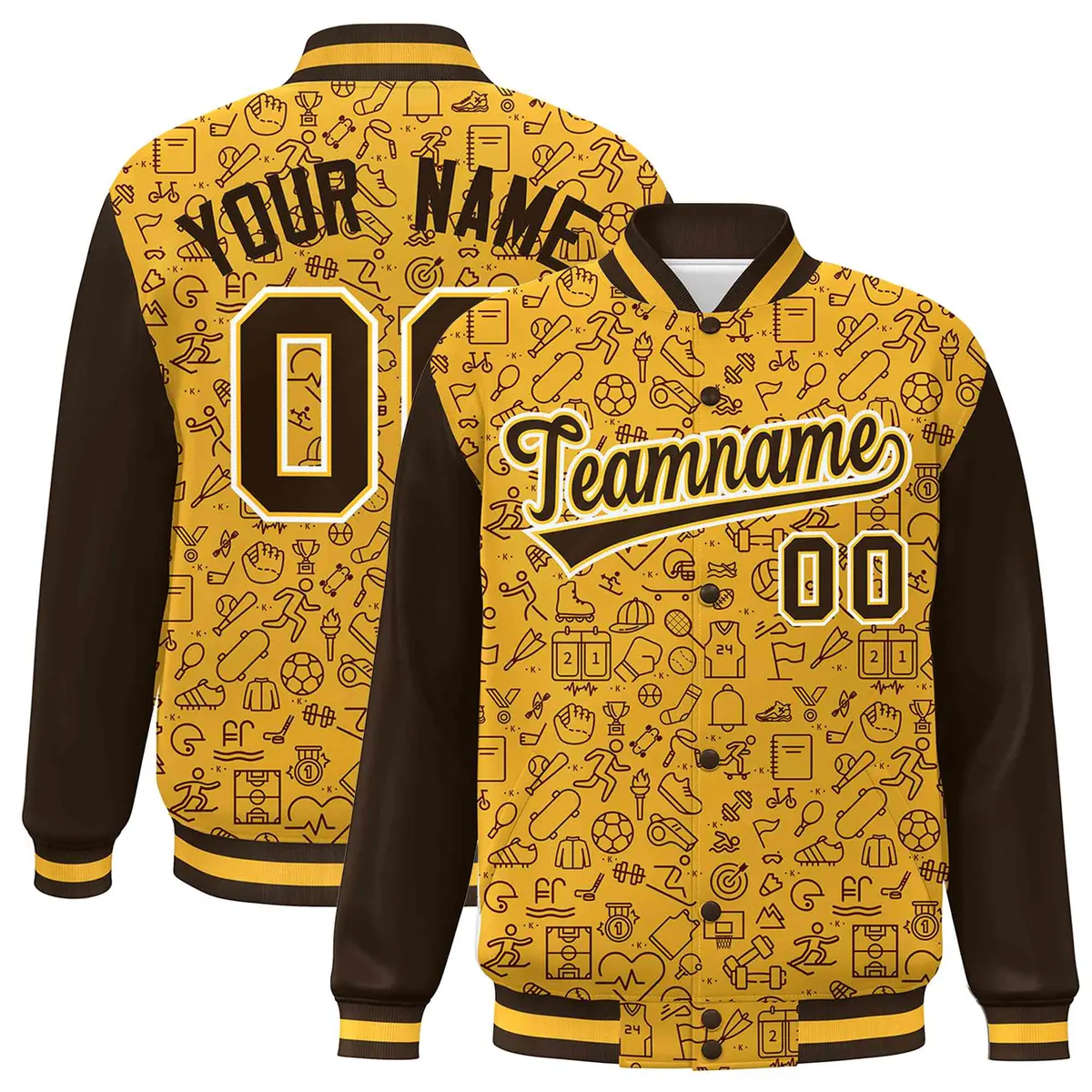 Gold Brown Line Graffiti Pattern Varsity Raglan Letterman Jacket