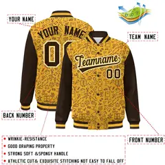 Gold Brown Line Graffiti Pattern Varsity Raglan Letterman Jacket 2