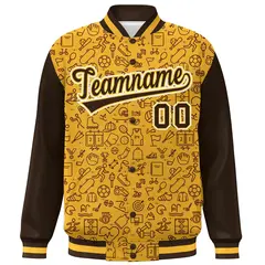 Gold Brown Line Graffiti Pattern Varsity Raglan Letterman Jacket 3