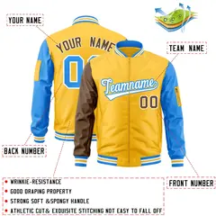 Gold Brown-Powder Blue Raglan Varsity Full-Zip Letterman Bomber Jacket 2