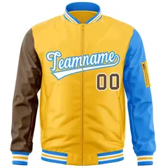 Gold Brown-Powder Blue Raglan Varsity Full-Zip Letterman Bomber Jacket 3