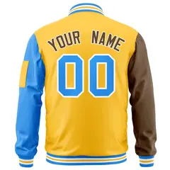 Gold Brown-Powder Blue Raglan Varsity Full-Zip Letterman Bomber Jacket 4