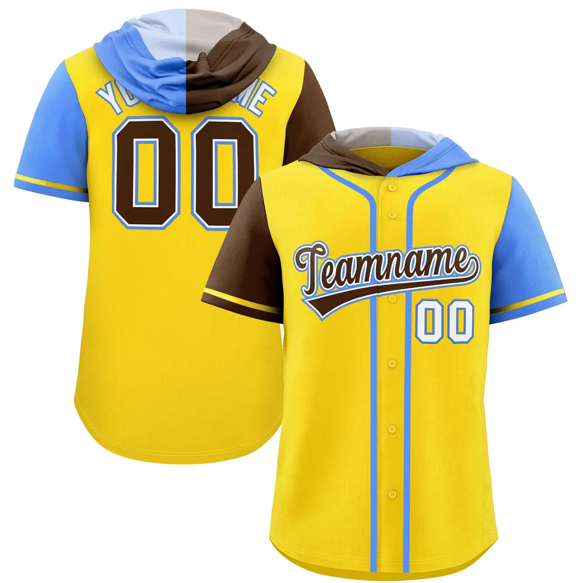 Gold Brown Powder Blue Split Raglan Baseball Hoodie Jersey