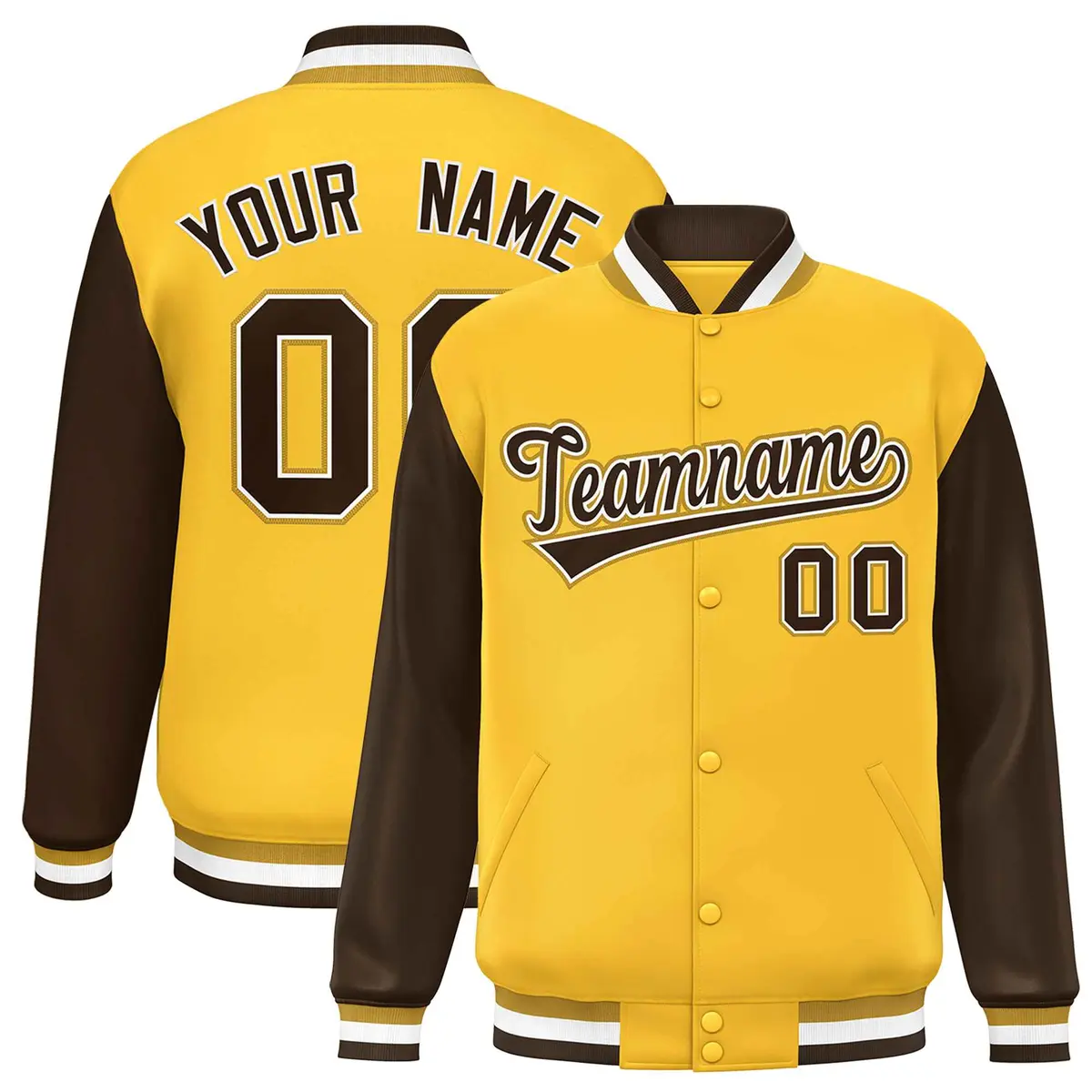Gold Brown Raglan Sleeves Varsity Letterman Baseball Jacket