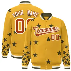 Gold Brown-White Star Graffiti Varsity Full-Snap Bomber Jacket