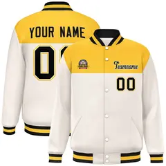 Gold Cream-Black Color Block Lettermen Baseball Jacket 1
