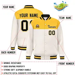 Gold Cream-Black Color Block Lettermen Baseball Jacket 2
