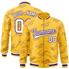 Gold Cream-Purple Letter Full-Zip Varsity Bomber Jacket