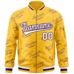 Gold Cream-Purple Letter Full-Zip Varsity Bomber Jacket 3