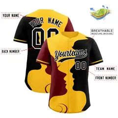 Gold Crimson Black Couple Silhouettes Valentine's Baseball Jersey 3