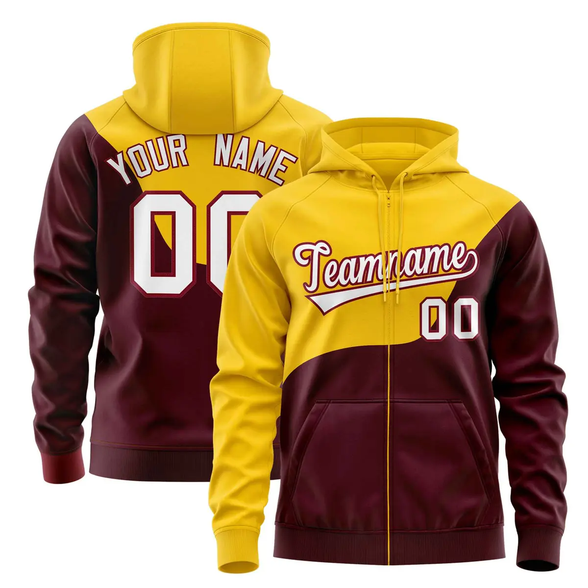 Gold Crimson Color Block Wave Varsity Full-Zip Letterman Hoodie Jacket