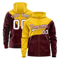 Gold Crimson Color Block Wave Varsity Full-Zip Letterman Hoodie Jacket
