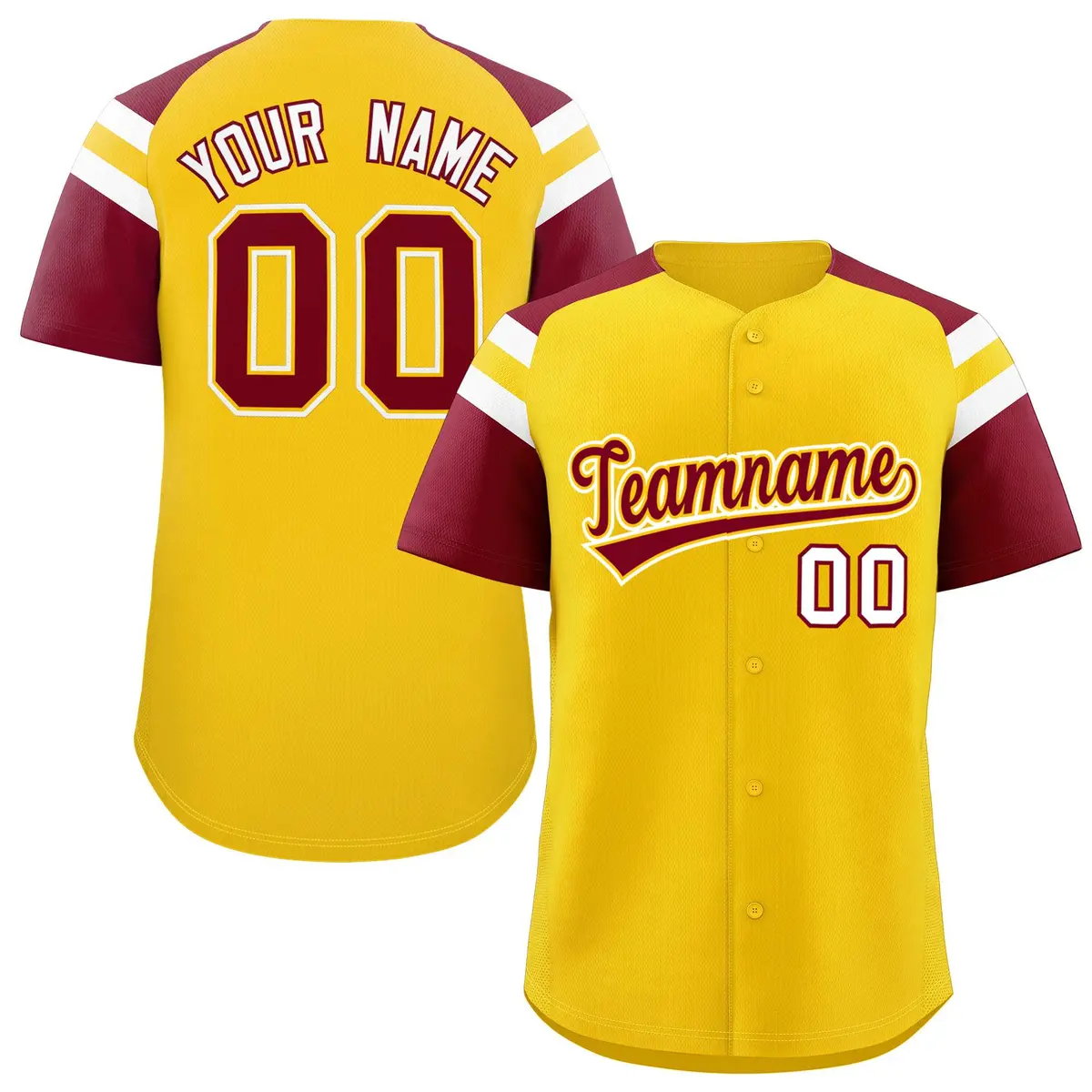 Gold Crimson Contrast Raglan Sleeves Baseball Jersey