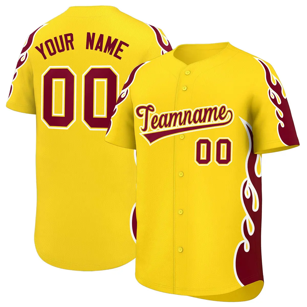 Gold Crimson Flame Outline Side Pattern Baseball Jersey