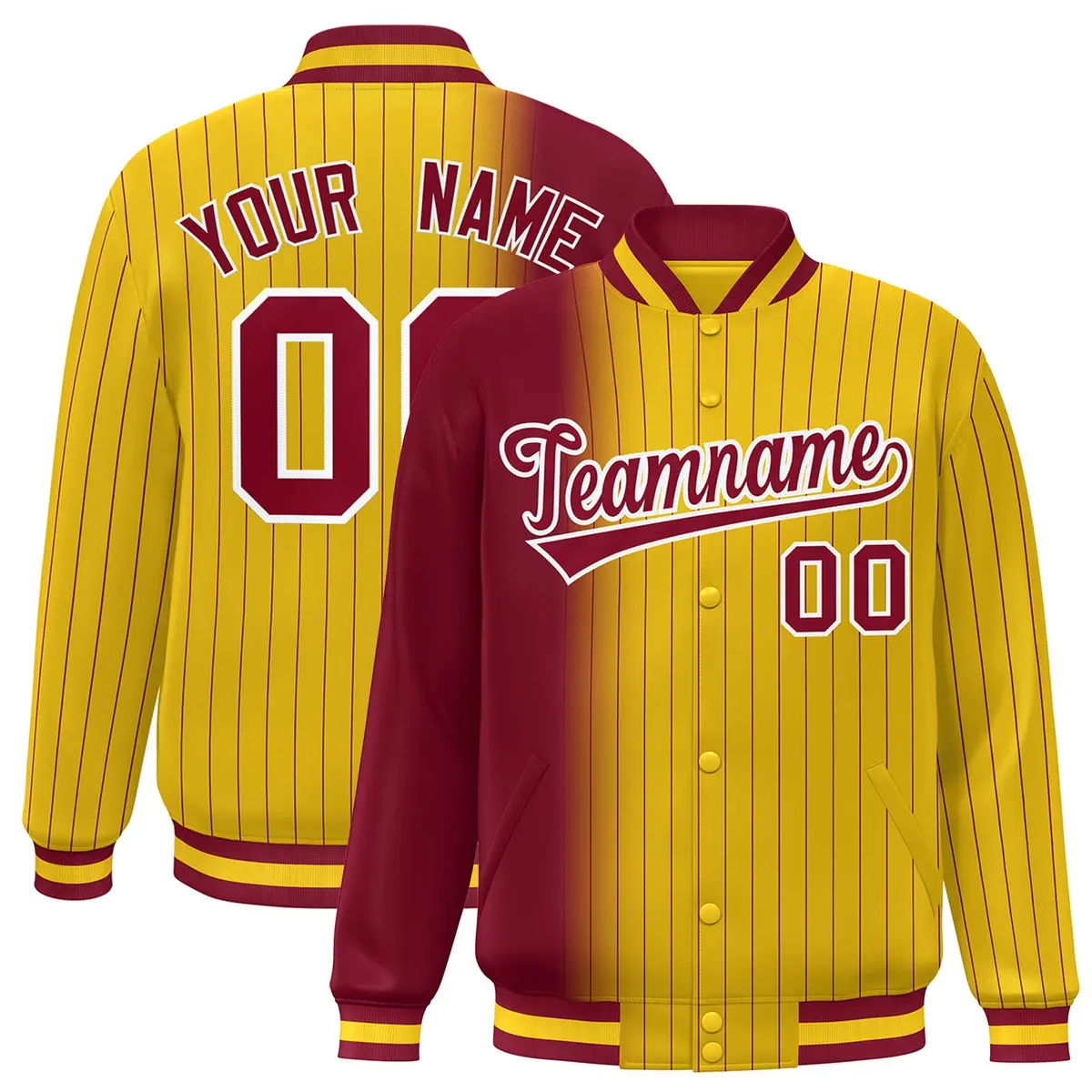 Gold Crimson Gradient Pinstripe Varsity Full-Snap Letterman Jacket