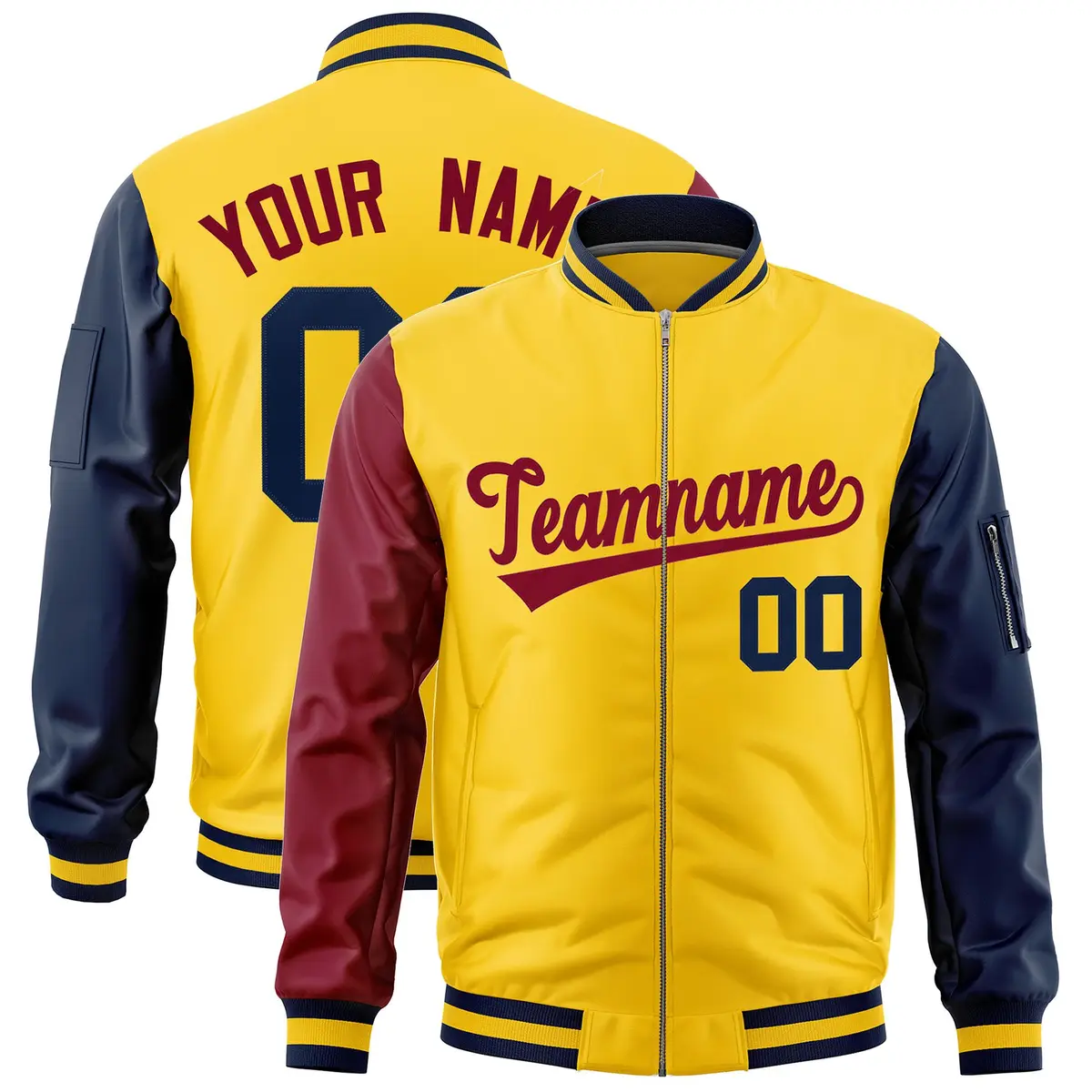 Gold Crimson Navy Varsity Letterman Bomber Jacket Full-Zip Raglan Sleeves