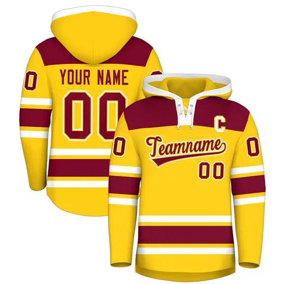 Gold Crimson Raglan Lace-Up Neck Hockey Hoodie Jersey