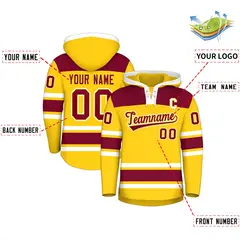 Gold Crimson Raglan Lace-Up Neck Hockey Hoodie Jersey 2