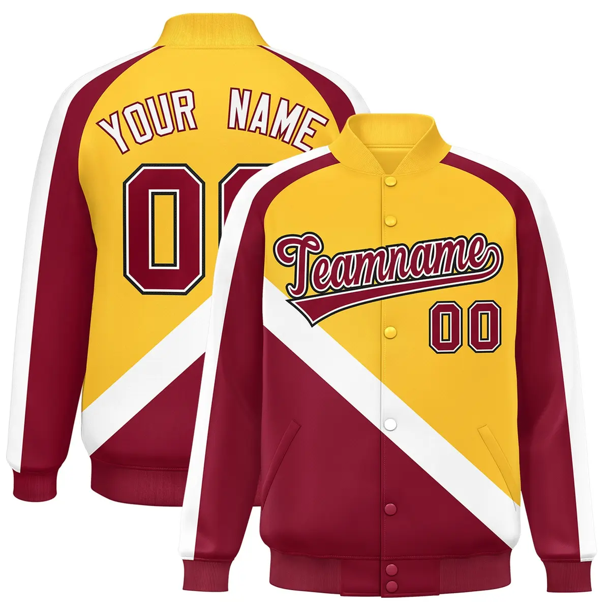 Gold Crimson Raglan Varsity Full-Snap Letterman Baseball Jacket