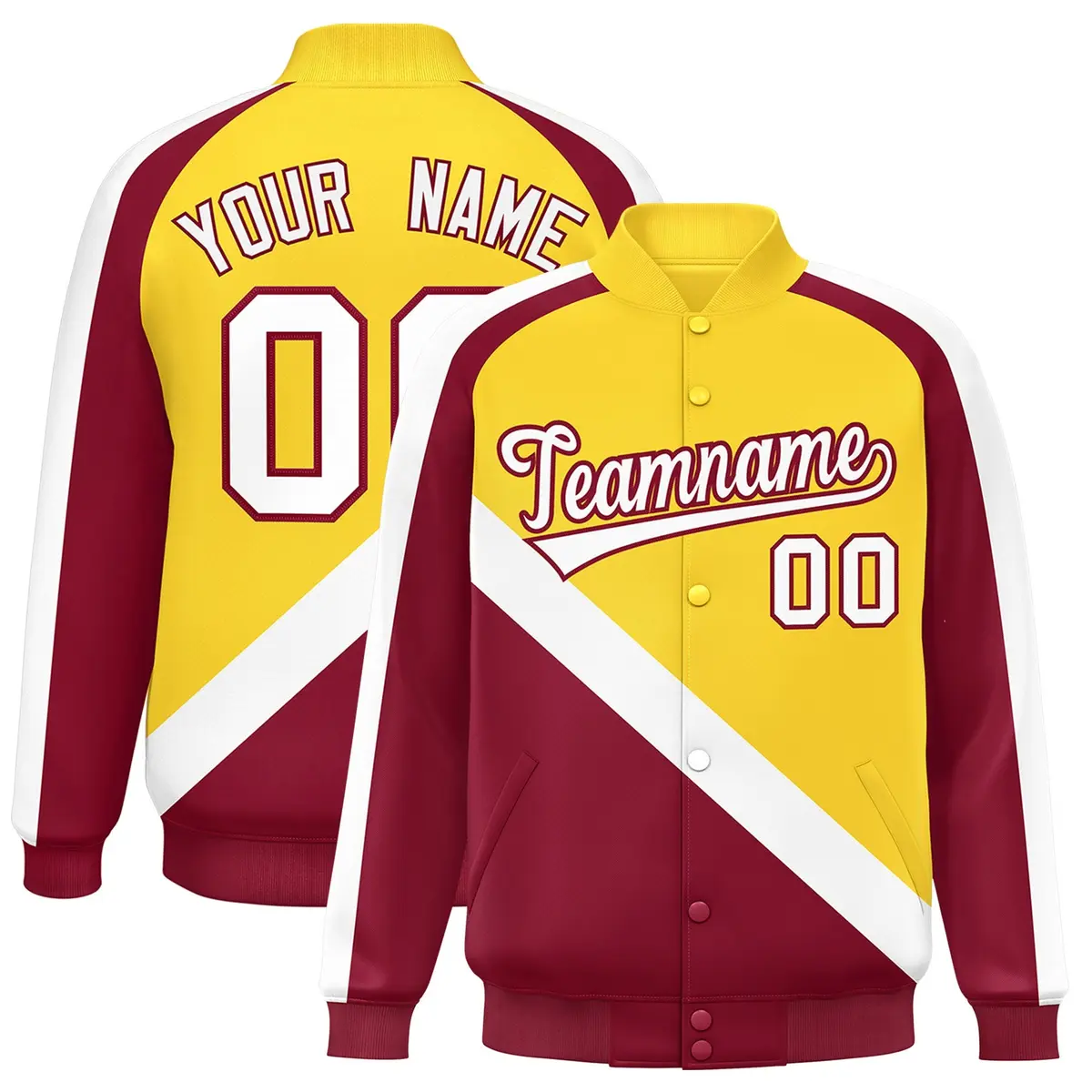 Gold Crimson Raglan Varsity Full-Snap Letterman Baseball Jacket