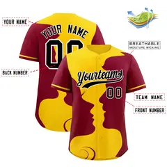 Gold Crimson Valentine's Day Couple Silhouettes Baseball Jersey 3