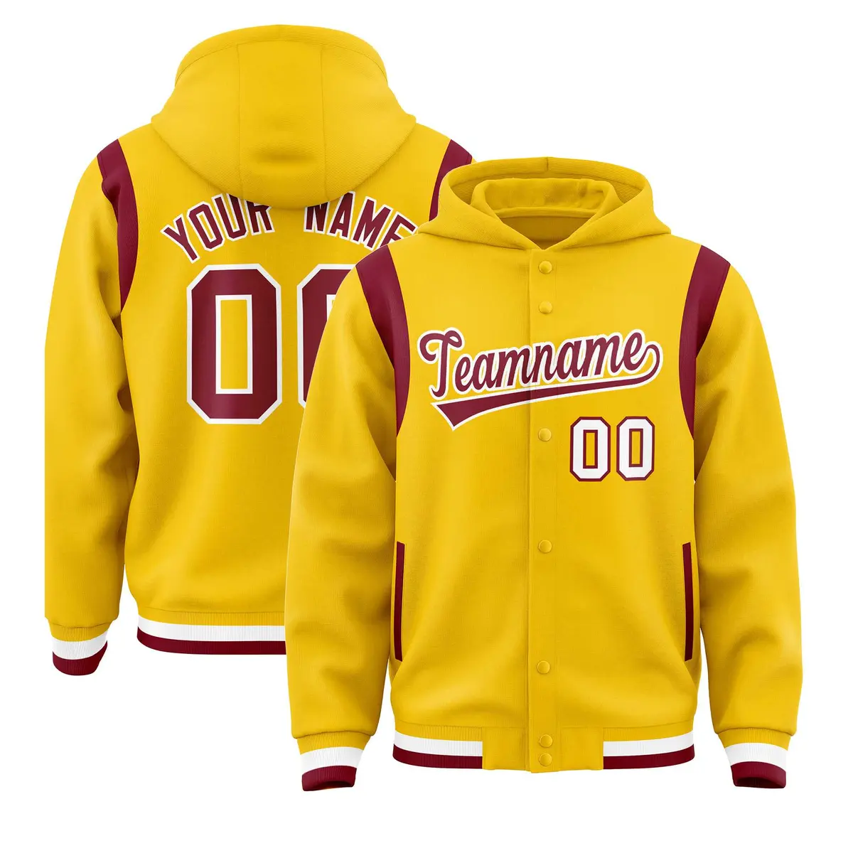 Gold Crimson Varsity Letterman Shoulder Color Block Jacket Hoodie